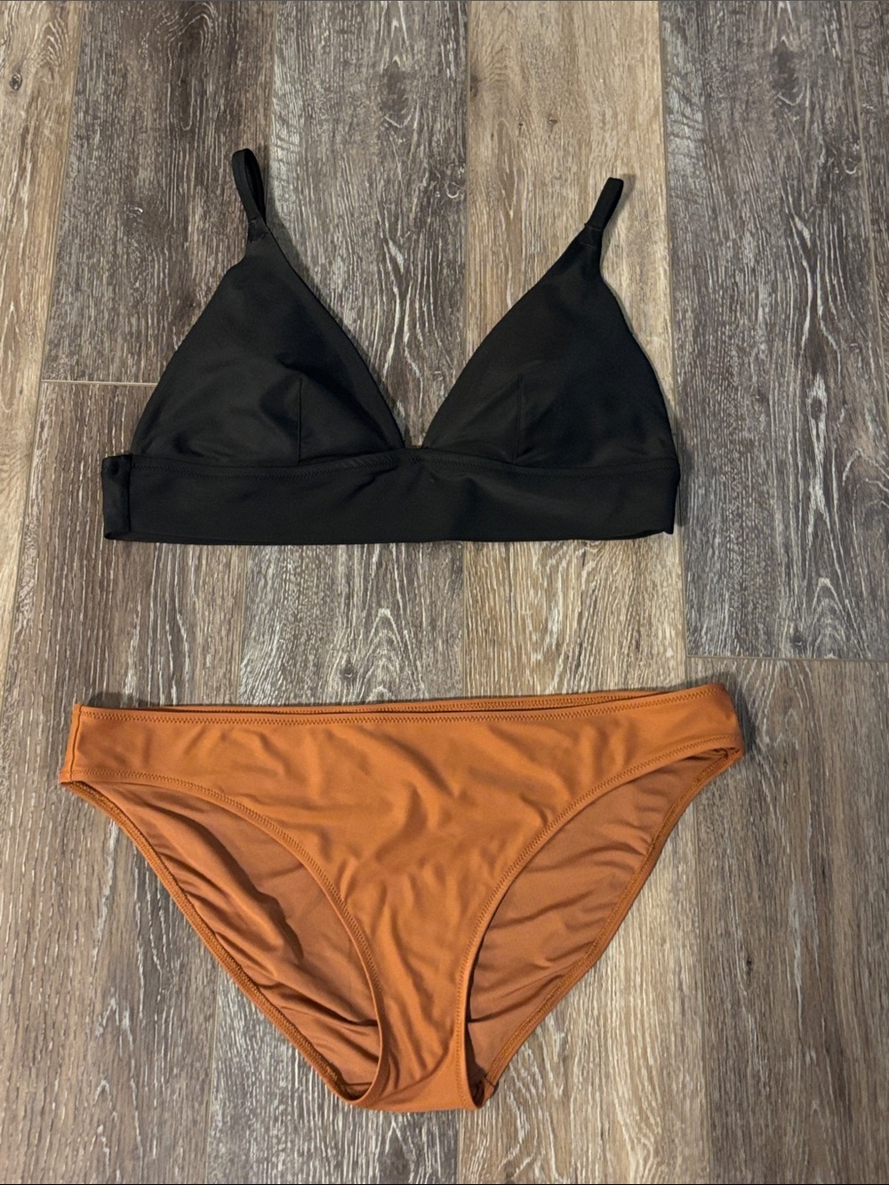 aerie Black Triangle Bikini Top with Rust Orange Bottom